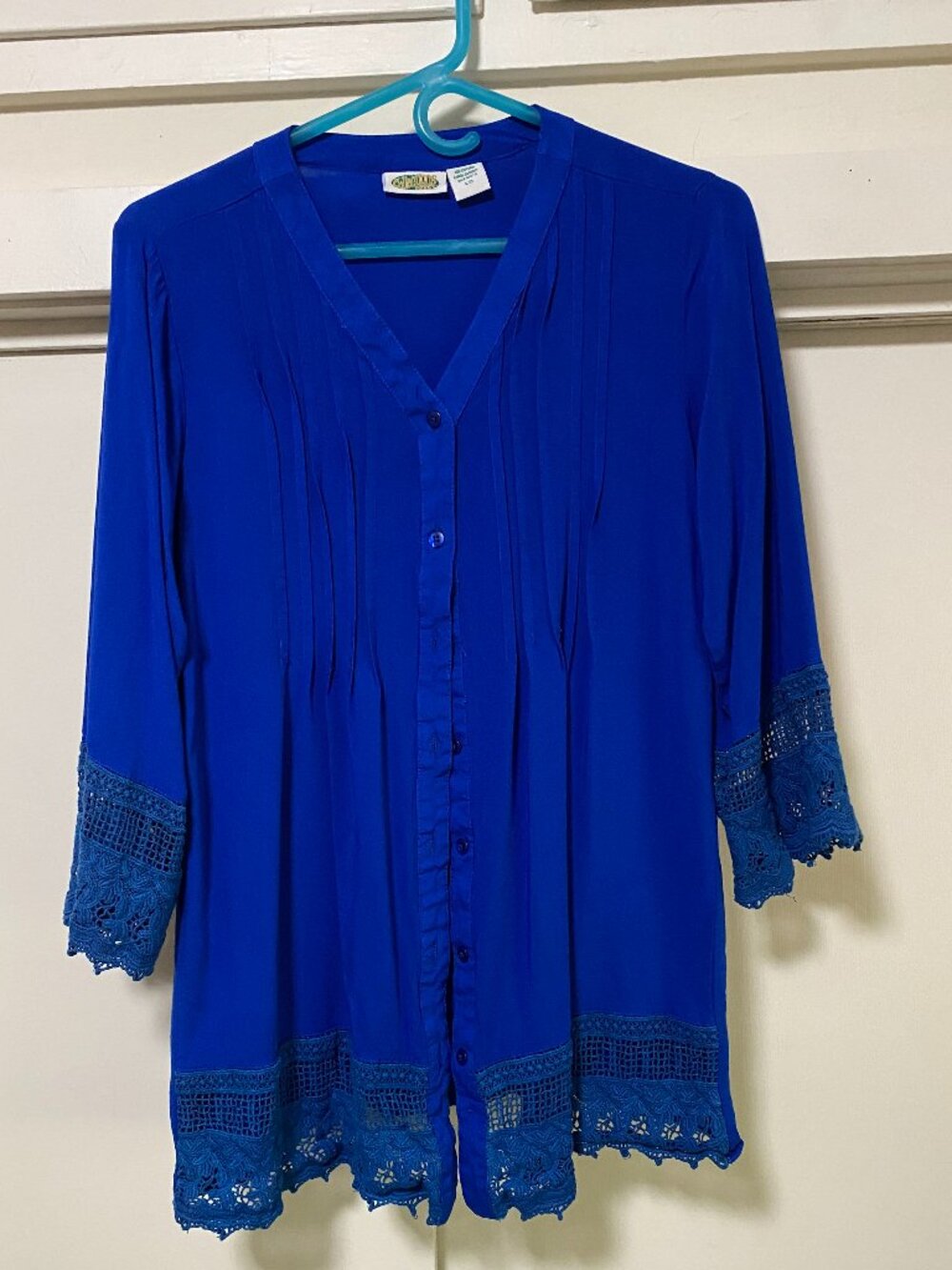 Collections, Royal blue button-down tunic w/lace & 3/4 length sleeves, size L